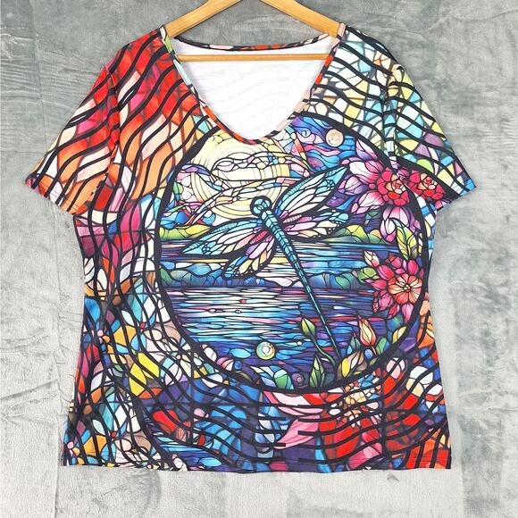Womens Top XXL Artsy Statement Dragonfly Stained Glass Unique Bright Colorful - Picture 1 of 5